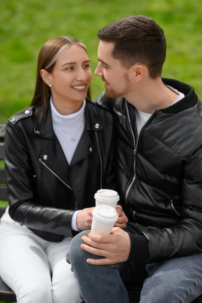 Lovely Young Couple Cups Coffee Bench Outdoors Romantic Date — Photo