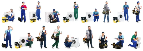 Collage Photos Plumbers White Background Banner Design — Stock Fotó