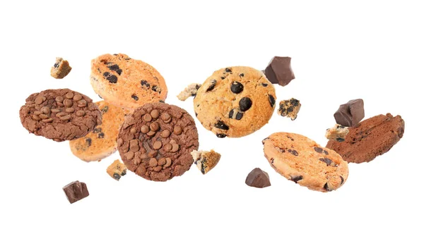 Delicious Chocolate Chip Cookies Falling White Background — Stockfoto