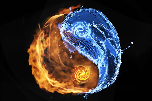 Fire flames and water resembling Yin Yang symbol on black background. Feng Shui philosophy