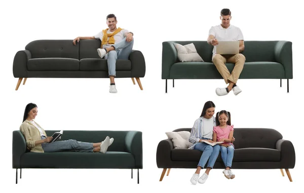 Collage Photos People Sitting Different Stylish Sofas White Background — Stock Fotó