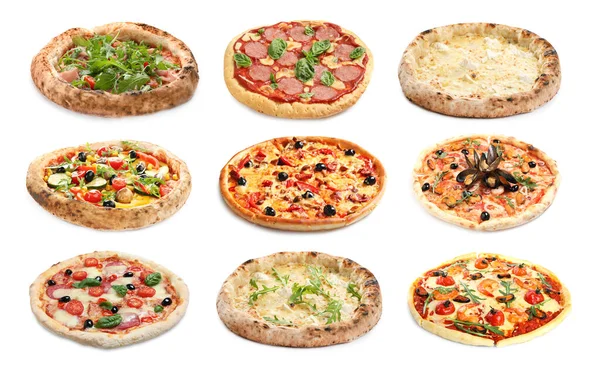 Conjunto Com Diferentes Deliciosas Pizzas Fundo Branco — Fotografia de Stock