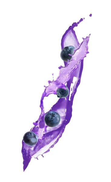 Fresh Ripe Blueberries Splashing Juice White Background — 图库照片