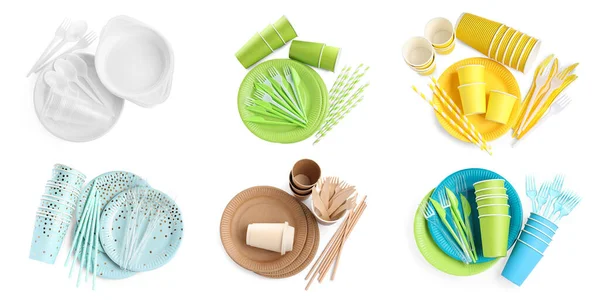 Комплект Разной Одноразовой Посудой Белом Фоне Вид Сверху Баннерный Дизайн — стоковое фото