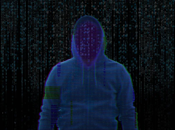 Silhouette of anonymous hacker and digital binary code on dark background. Cyber attack concept