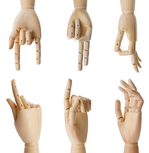 Set Wooden Hands Mannequins Showing Different Gestures White Background — Stock Photo, Image
