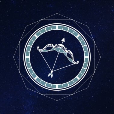 Sagittarius zodiac sign and beautiful view of starry sky at night. Illustration