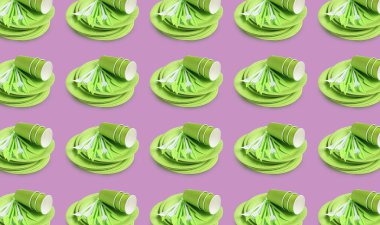 Menekşe arkaplanda birçok tek kullanımlık sofra takımı var. Kusursuz desen tasarımı