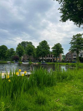 Çevresi yeşilliklerle çevrili rıhtımlı ve demirli tekneyle şehir kanalının güzel manzarası.