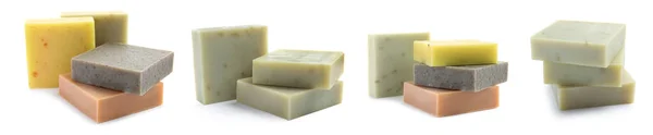 Set Handmade Soap Bars White Background Banner Design — Stock Photo, Image