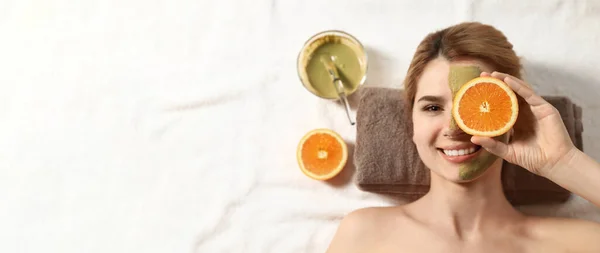 Woman Mask Face Cut Orange Relaxing Spa Salon Top View — Stockfoto
