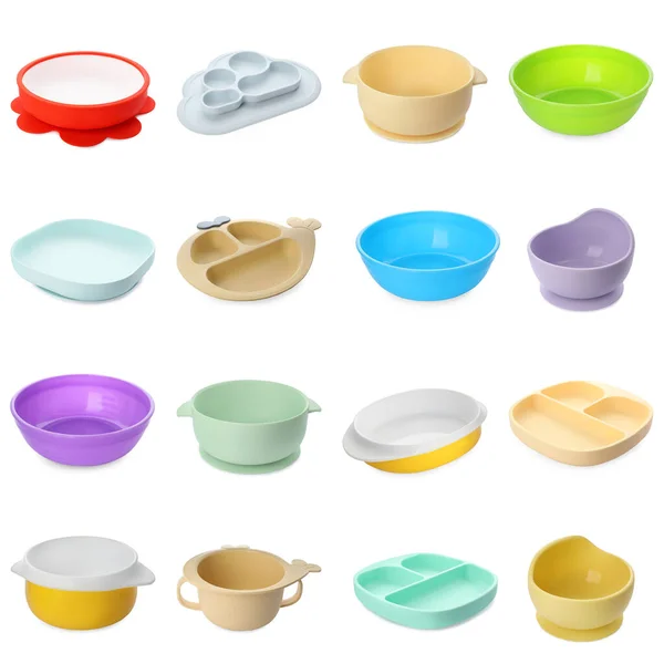 Set Colorful Dishware White Background Serving Baby Food — Fotografia de Stock