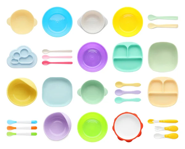 Set Colorful Dishware White Background Top View Serving Baby Food — Zdjęcie stockowe
