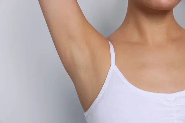 Young Woman Showing Smooth Skin Epilation White Background Closeup — Stockfoto