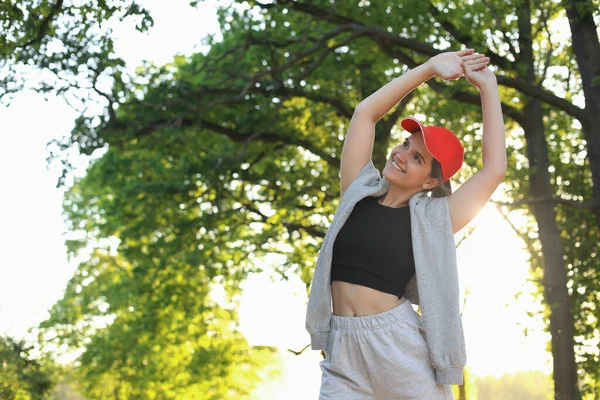 Young Woman Doing Morning Exercise Park Space Text — 图库照片