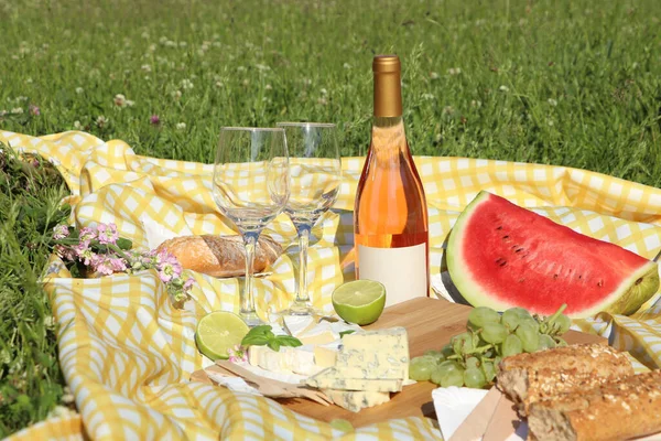 Пікнік Смачною Їжею Вином Зеленій Траві Відкритому Повітрі — стокове фото