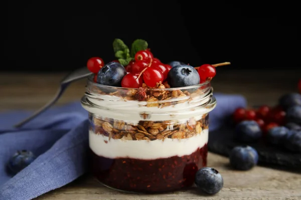 Delicious Yogurt Parfait Fresh Berries Mint Wooden Table Closeup —  Fotos de Stock