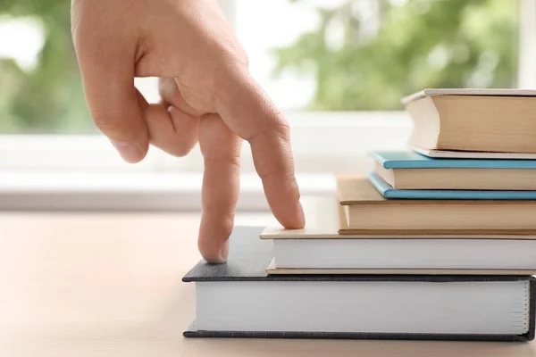 Woman Imitating Stepping Books Her Fingers Indoors Closeup — Foto de Stock