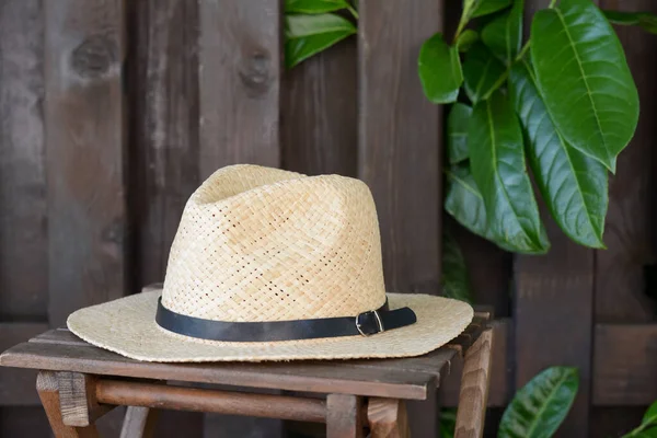 Stylish Hat Wooden Stool Fence Beach Accessory — Stock Photo, Image