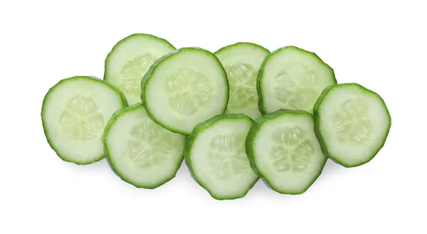 Slices Fresh Ripe Cucumber Isolated White Top View — Stockfoto