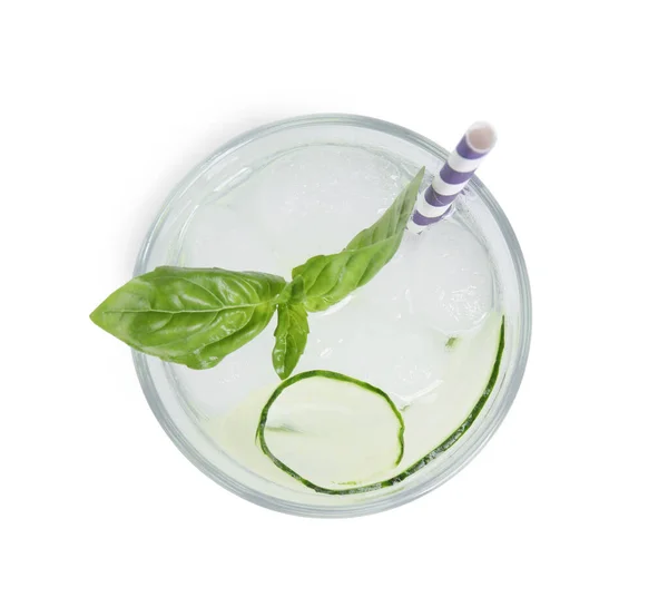 Refreshing Cucumber Water Basil Glass Isolated White Top View — Stockfoto