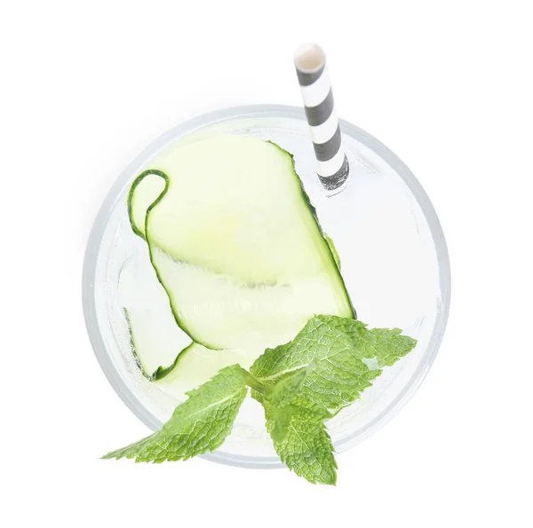 Refreshing Cucumber Water Mint Glass Isolated White Top View — Stockfoto