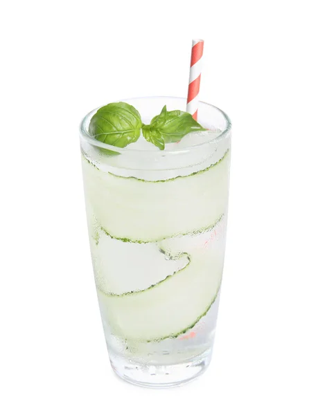 Refreshing Cucumber Water Basil Glass Isolated White — Stockfoto