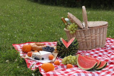 Piknik battaniyesi ve yaz günü dışarıda lezzetli yemekler ve şarap.