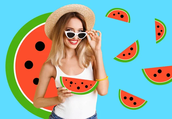Pretty Young Woman Juicy Watermelon Light Blue Background Stylish Collage — Stock Photo, Image