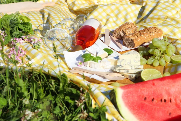 Picnic Blanket Delicious Food Wine Green Grass Outdoors Closeup — Foto Stock