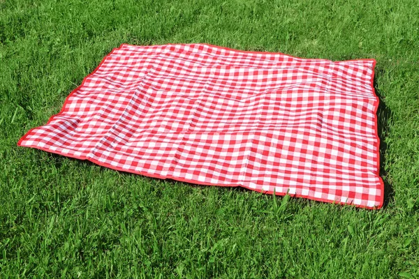 Checkered picnic tablecloth on fresh green grass outdoors