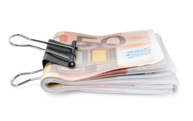50 Euro banknotes with clip isolated on white. Money exchange