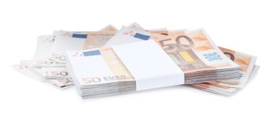 Avro banknotları beyaza izole edilmiş. Para ve finans