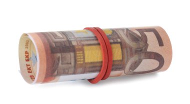 50 Euro 'luk banknotlar beyaza izole edilmiş. Para değişimi