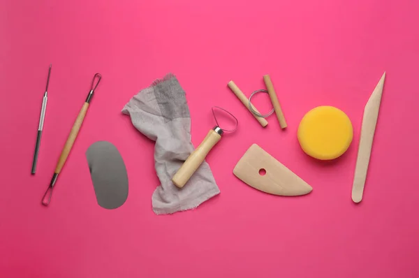 Set Clay Modeling Tools Pink Background Flat Lay — Stockfoto