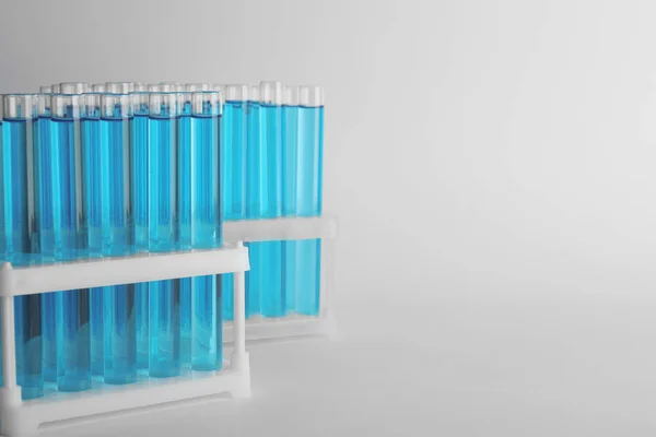 Test Tubes Blue Liquid Light Grey Background Space Text — Foto de Stock