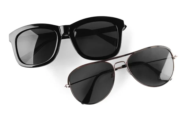 Different Stylish Sunglasses White Background Sun Protection — Foto Stock