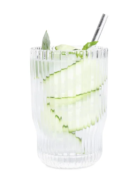 Refreshing Cucumber Water Basil Glass Isolated White — Stock Photo, Image