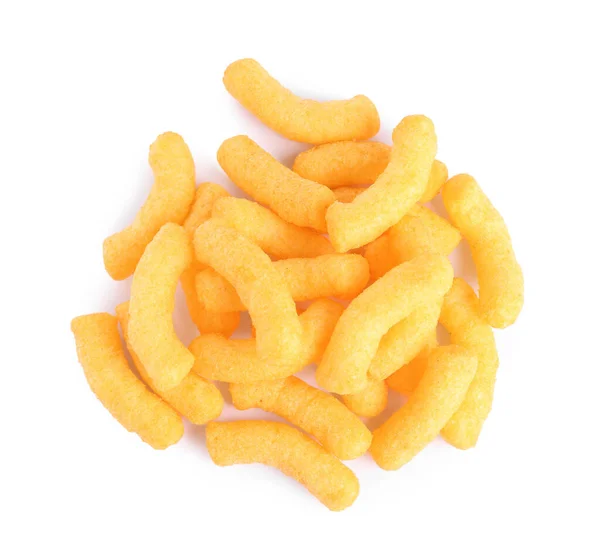 Many Tasty Cheesy Corn Puffs Isolated White Top View — Stock Photo, Image