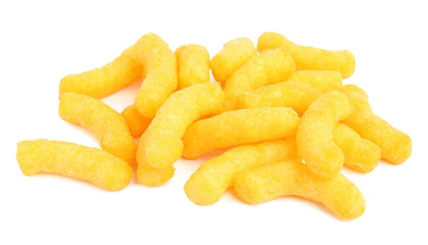 Many Tasty Cheesy Corn Puffs Isolated White — Stockfoto