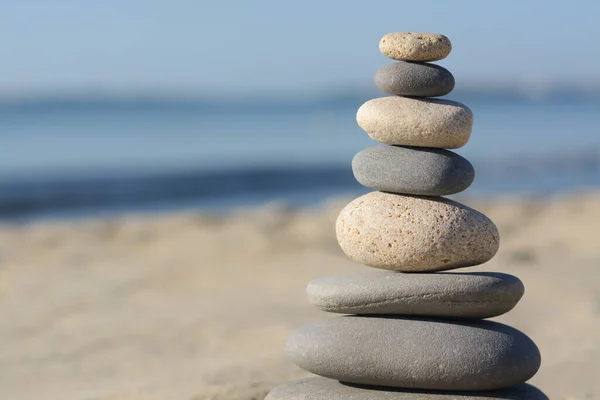 Stack Stones Sandy Beach Closeup Space Text — Fotografia de Stock