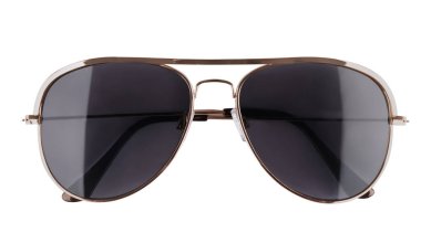 New stylish aviator sunglasses isolated on white, top view