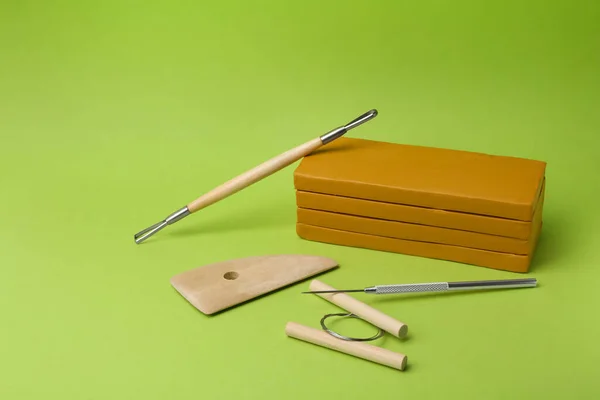 Clay Set Modeling Tools Green Background Space Text — Fotografia de Stock