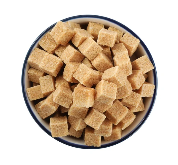 Bowl Cubes Brown Sugar Isolated White Top View — Stock Photo, Image