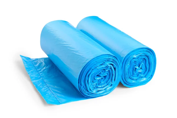 Rolls Light Blue Garbage Bags White Background Cleaning Supplies —  Fotos de Stock
