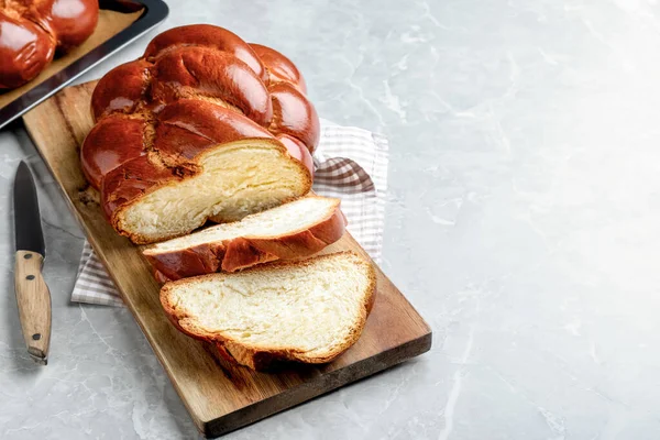Cut Homemade Braided Bread Grey Table Space Text Traditional Shabbat — Fotografia de Stock