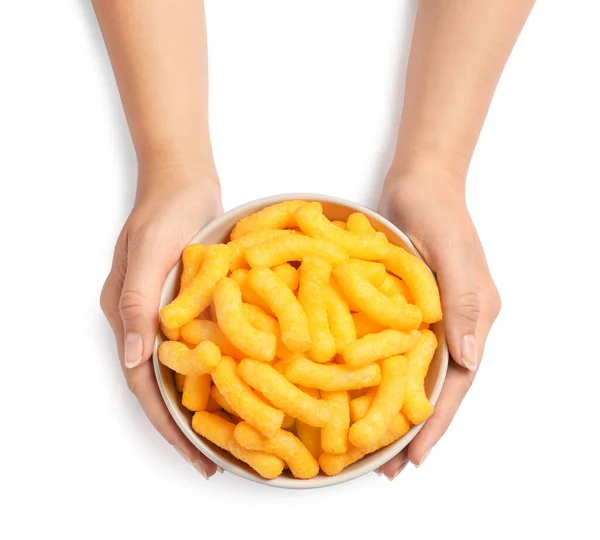 Woman Holding Bowl Crunchy Cheesy Corn Sticks White Background Top — Stockfoto