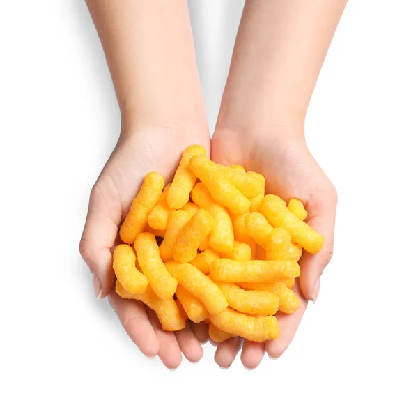 Woman Holding Pile Crunchy Cheesy Corn Sticks White Background Top — Stockfoto