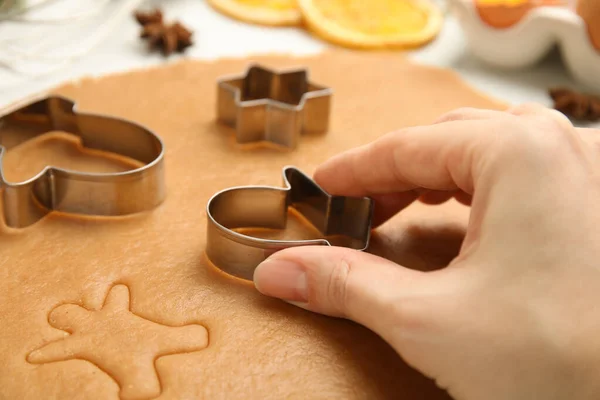 Woman Cutting Dough Cookie Cutter Table Closeup Christmas Biscuits — Stockfoto