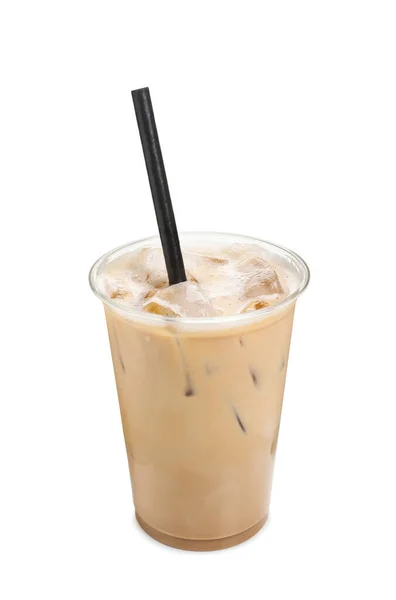 Taça Plástico Takeaway Com Bebida Café Frio Palha Isolada Branco — Fotografia de Stock